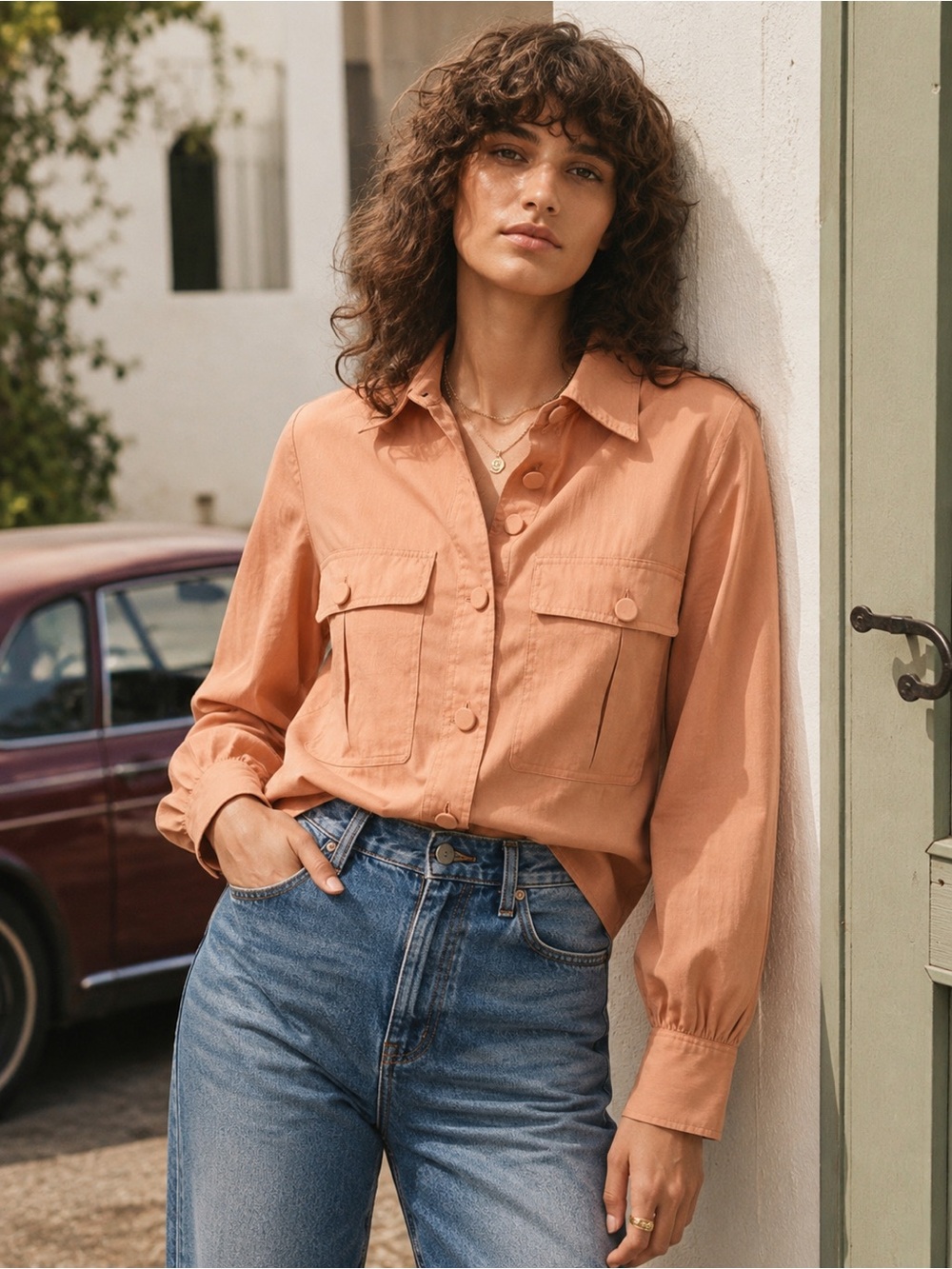 NWT Madewell Peach Ramie Cotton Utility Button-Front Shirt, Size S